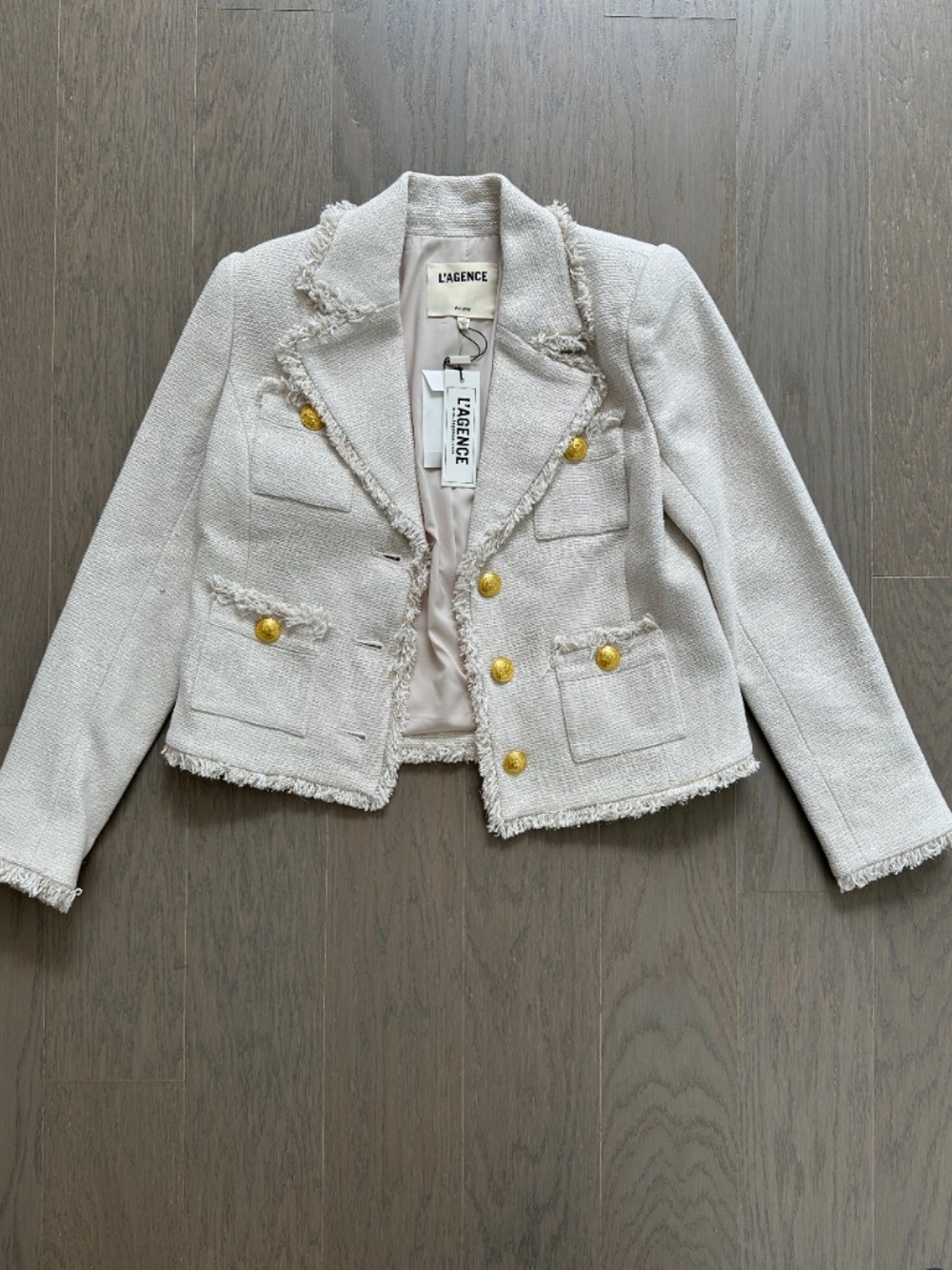 L'Agence Sylvia Collard Jacket Tweed Blazer Ivory Gold Fringe With Tags - Size 0 - Picture 2 of 9